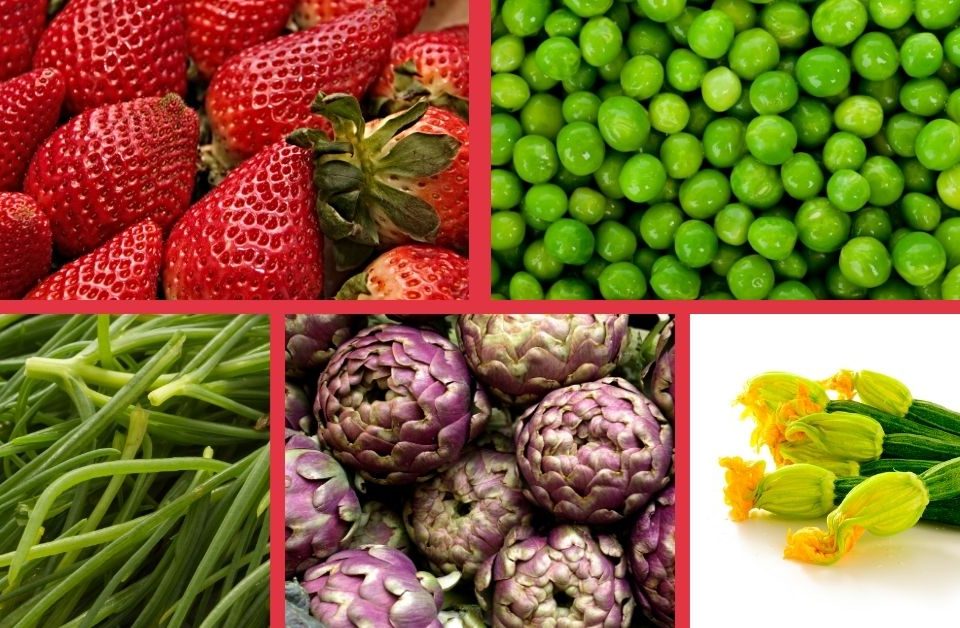 Fragole, piselli, agretti, carciofi e zucchine