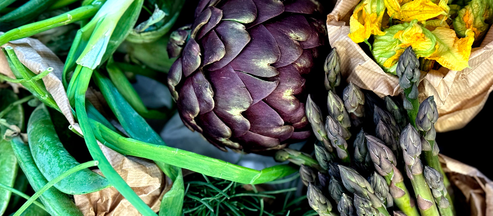 carciofo, fiore di zucca, asparagi e cipollotto