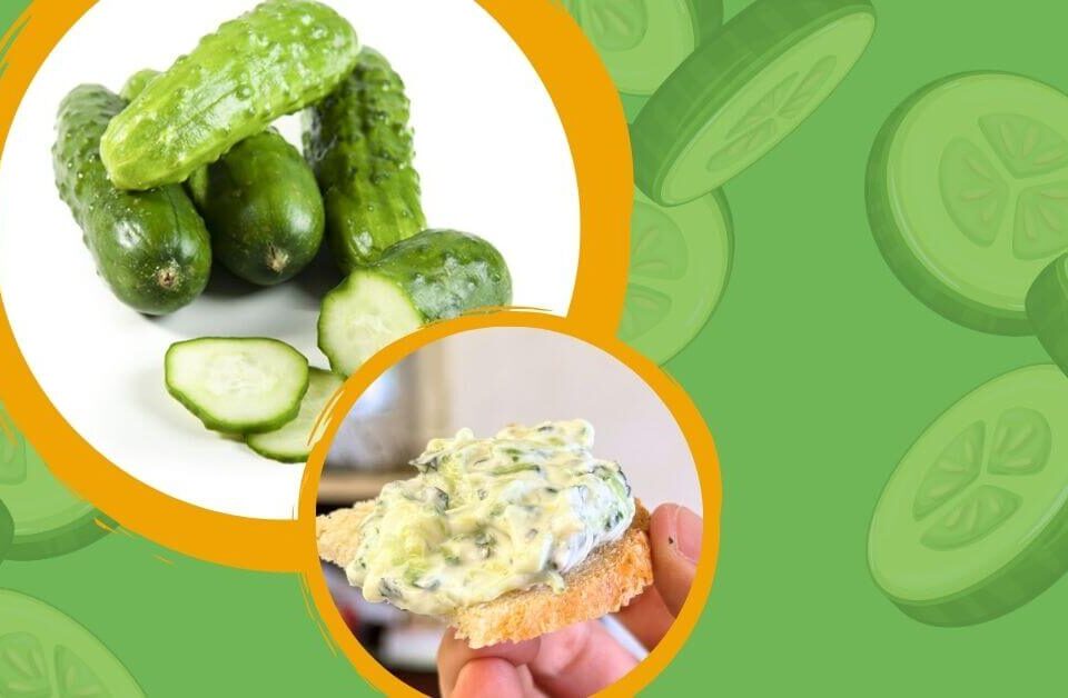 Due cornici arancioni con cetriolini e bruschetta su sfondo verde con fette di cetrioli