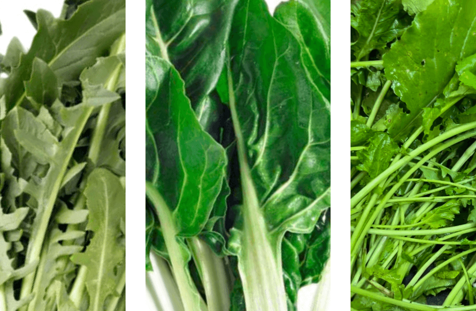 3 colonne con cicoria, bieta e rapette