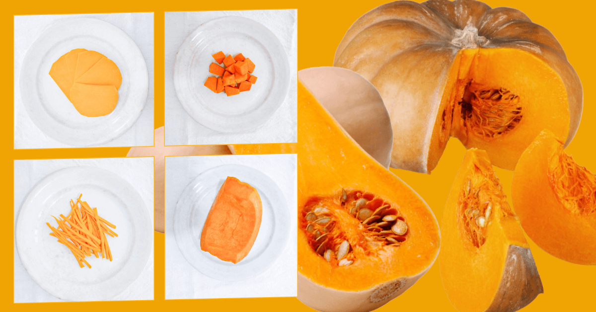 Quattro piatti con zucca tagliata a fette, tranci, filetti e cubi, due zucche intera
