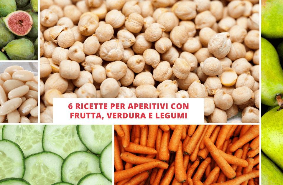 6 riquadri con fichi, pere, cetrioli, ceci, fagioli e carote