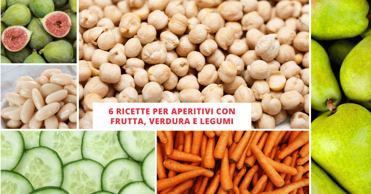 6 riquadri con fichi, pere, cetrioli, ceci, fagioli e carote
