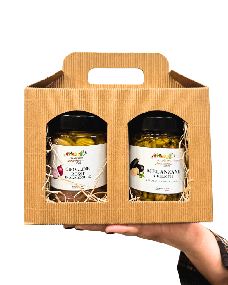 Box “Degustazione sott’olio” con due vasetti di conserve artigianali italiane in confezione di cartone ondulato con manico: cipolline rosse in agrodolce e melanzane a filetti in olio extravergine di oliva.