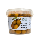 Confezione olive itrana nera trasparente con etichetta bianca e logo verde Rossi società agricola