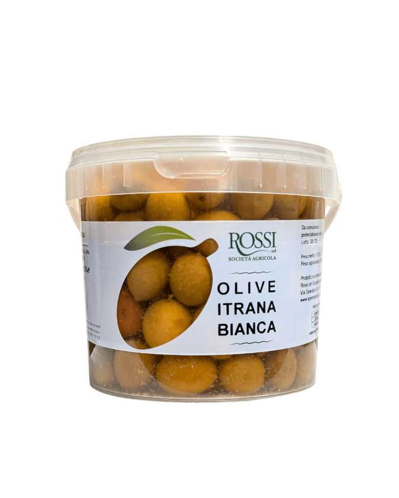 Confezione olive itrana nera trasparente con etichetta bianca e logo verde Rossi società agricola