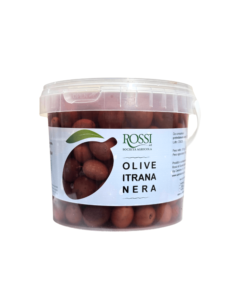 Confezione olive itrana nera trasparente con etichetta bianca e logo verde Rossi società agricola